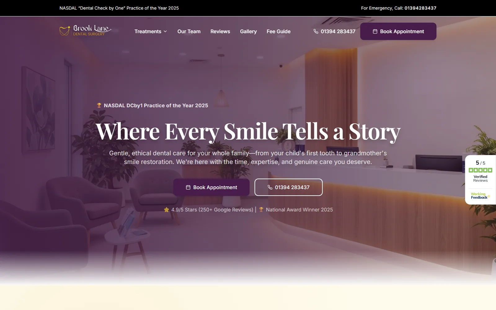 Brook Lane Dental Surgery homepage hero: “Where Every Smile Tells a Story”