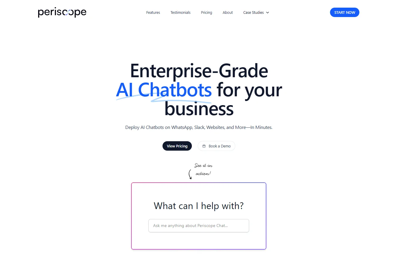 PeriscopeChat homepage hero: “Enterprise-Grade AI Chatbots for your business” with a live chat demo