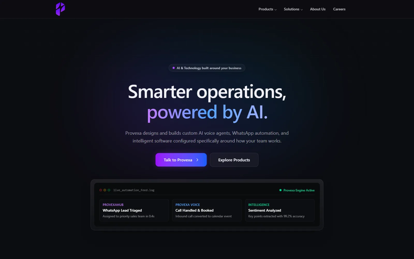 Provexa homepage hero: “Smarter operations, powered by AI.”